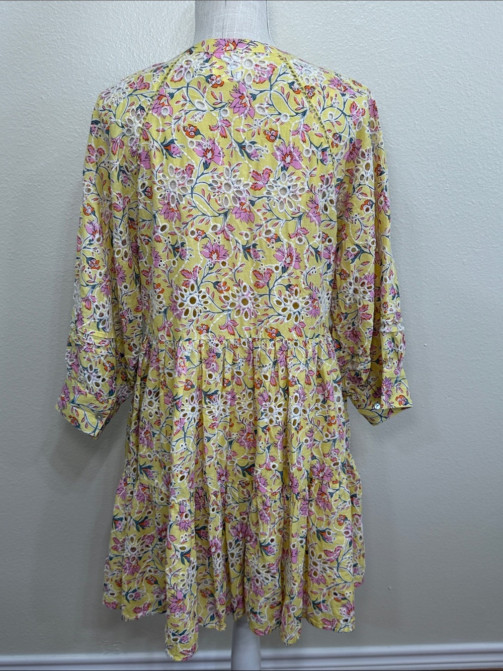 Anthropologie x dRA Yara Eyelet Dress Yellow Lined Floral Boho Prairie Size L - Picture 6 of 9